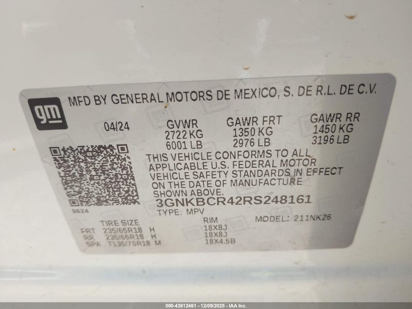 2024 Chevrolet Blazer Fwd 2Lt VIN: 3GNKBCR42RS248161 Lot: 43812461