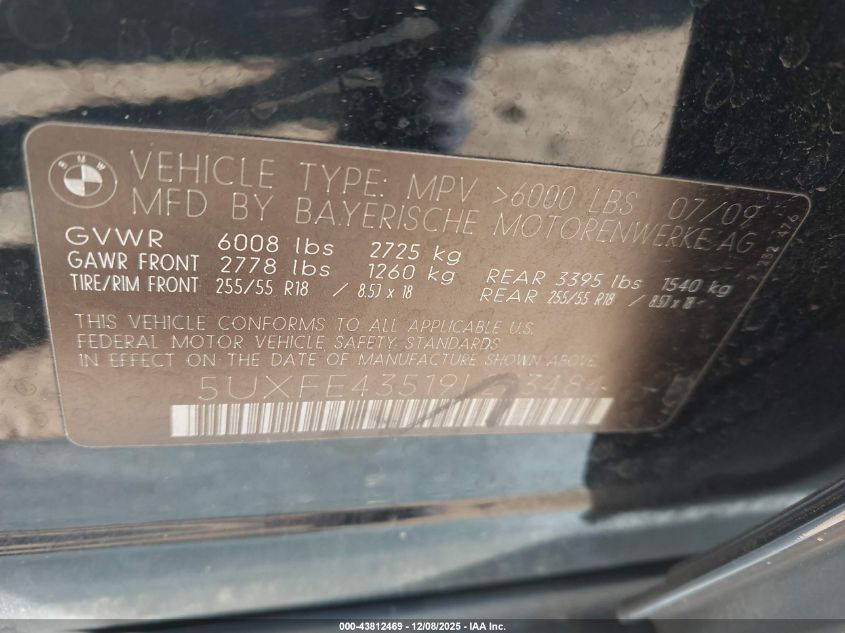 2009 BMW X5 xDrive30I VIN: 5UXFE43519L273484 Lot: 43812469