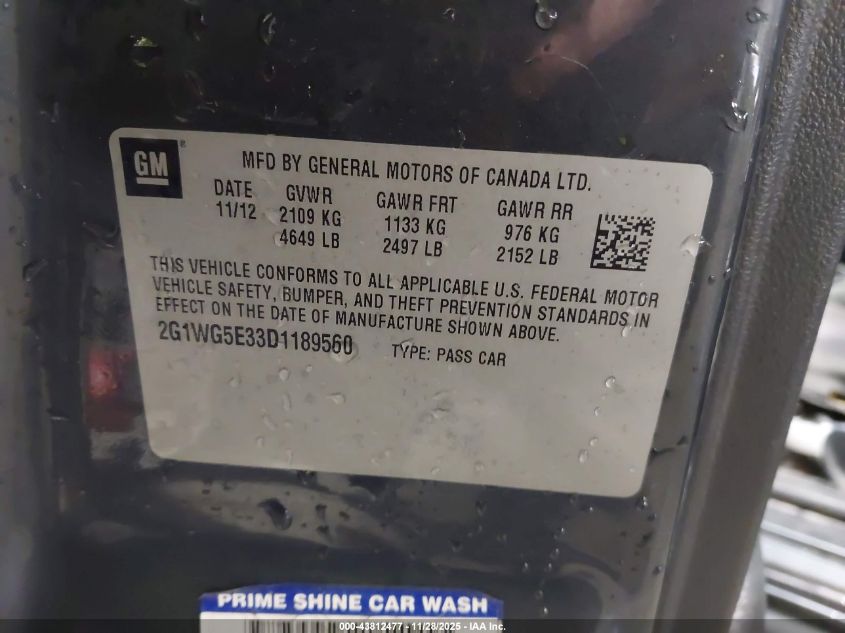 2013 Chevrolet Impala Lt VIN: 2G1WG5E33D1189560 Lot: 43812477