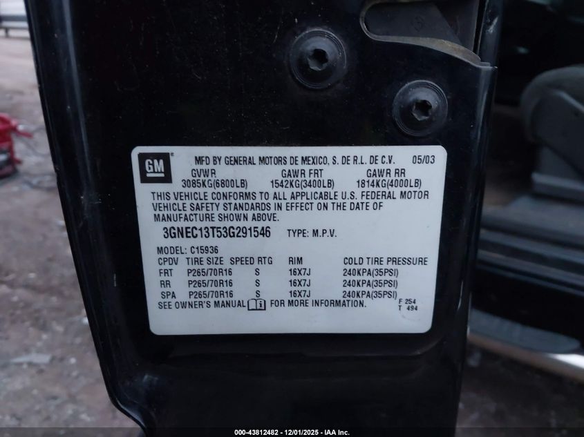 2003 Chevrolet Avalanche 1500 VIN: 3GNEC13T53G291546 Lot: 43812482