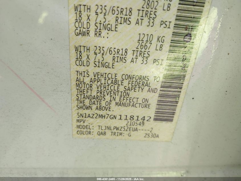 2016 Nissan Murano S VIN: 5N1AZ2MH7GN118142 Lot: 43812485