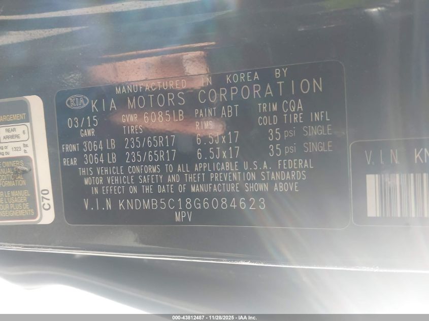 2016 Kia Sedona Lx VIN: KNDMB5C18G6084623 Lot: 43812487