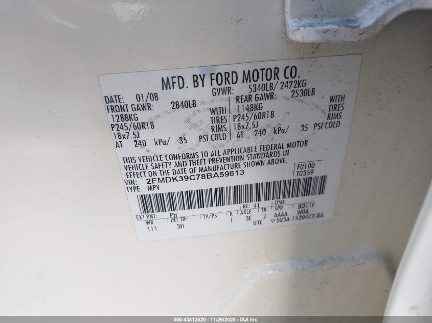 2008 Ford Edge Limited VIN: 2FMDK39C78BA59613 Lot: 43812520