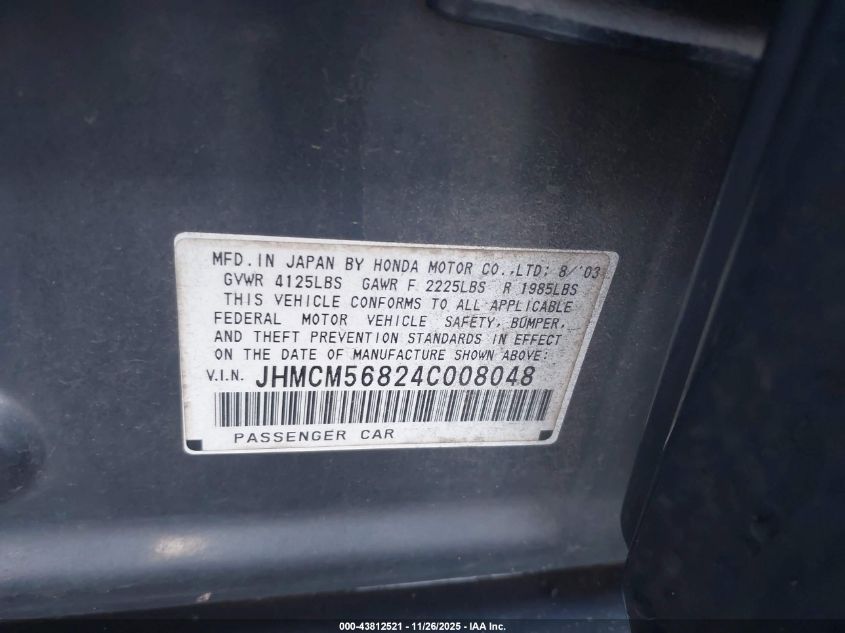 2004 Honda Accord 2.4 Ex VIN: JHMCM56824C008048 Lot: 43812521