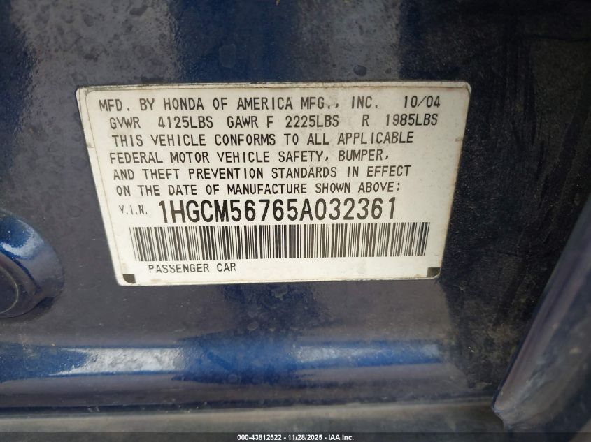 2005 Honda Accord 2.4 Ex VIN: 1HGCM56765A032361 Lot: 43812522