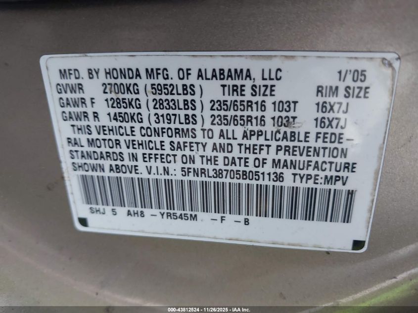 2005 Honda Odyssey Ex-L VIN: 5FNRL38705B051136 Lot: 43812524