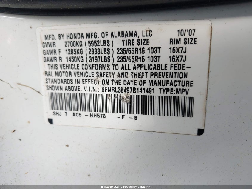 2007 Honda Odyssey Ex VIN: 5FNRL38497B141491 Lot: 43812526