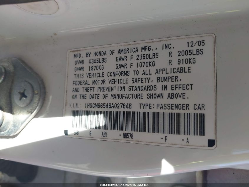 2006 Honda Accord 3.0 Ex VIN: 1HGCM66546A027648 Lot: 43812537