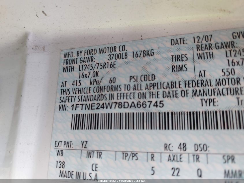 2008 Ford E-250 Commercial/Recreational VIN: 1FTNE24W78DA66745 Lot: 43812550