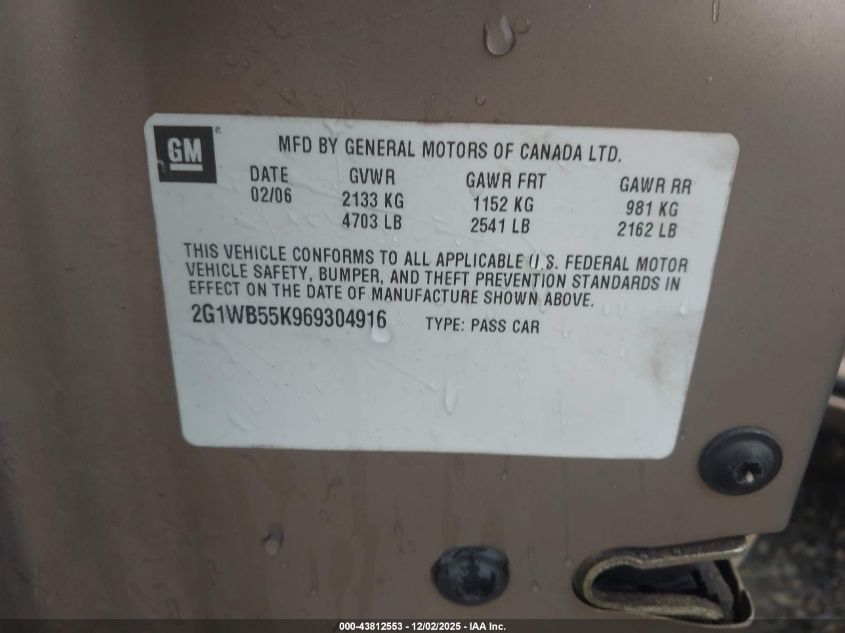 2006 Chevrolet Impala Ls VIN: 2G1WB55K969304916 Lot: 43812553