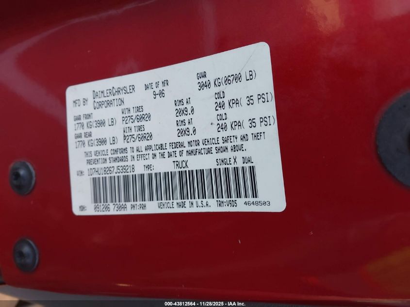 2007 Dodge Ram 1500 Slt/Trx4 Off Road/Sport VIN: 1D7HU18267J539218 Lot: 43812564