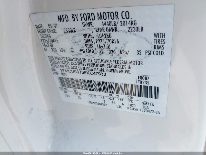 2009 Ford Escape Xlt VIN: 1FMCU03709KC47932 Lot: 43812567