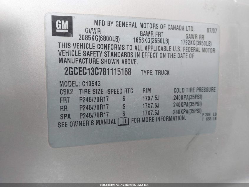 2008 Chevrolet Silverado 1500 Lt1 VIN: 2GCEC13C781115168 Lot: 43812574