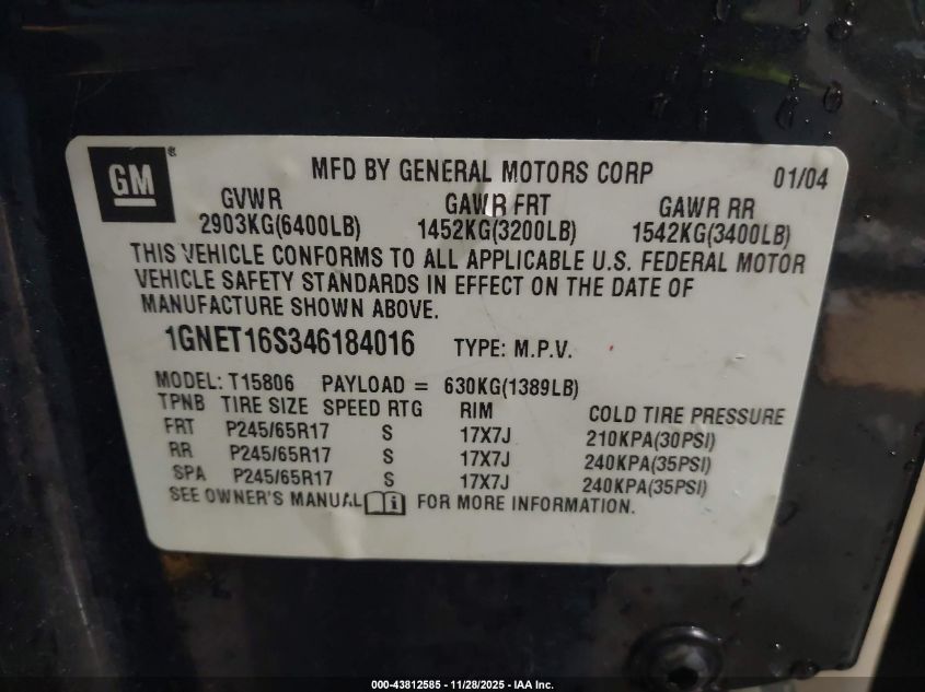 2004 Chevrolet Trailblazer Ext Ls VIN: 1GNET16S346184016 Lot: 43812585