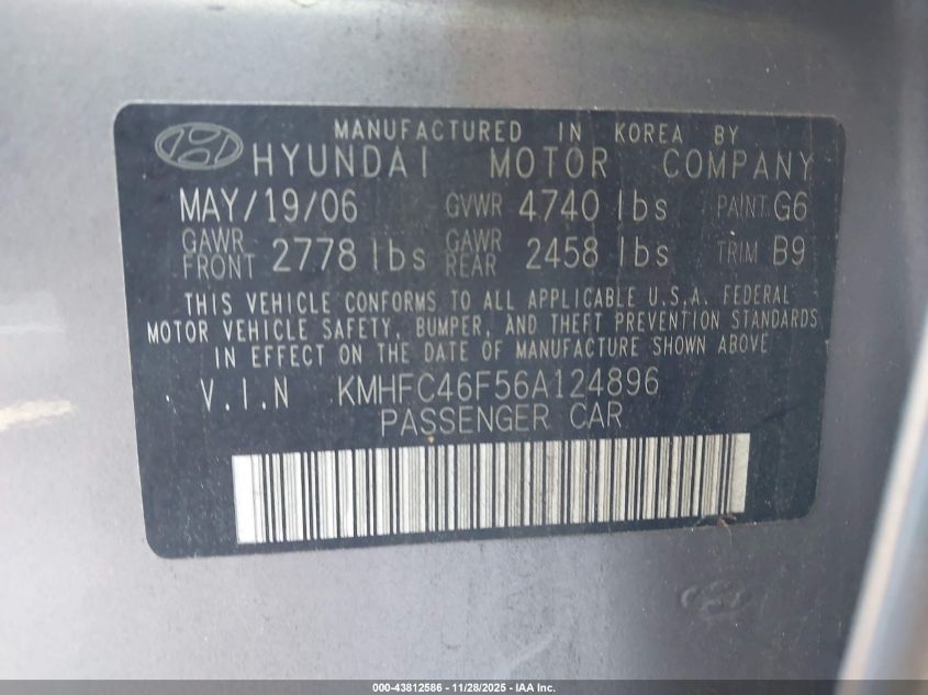 2006 Hyundai Azera Limited/Se VIN: KMHFC46F56A124896 Lot: 43812586