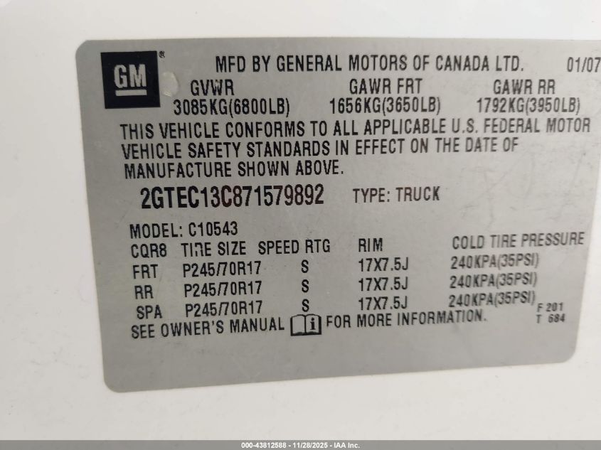 2007 GMC Sierra 1500 Sle1 VIN: 2GTEC13C871579892 Lot: 43812588