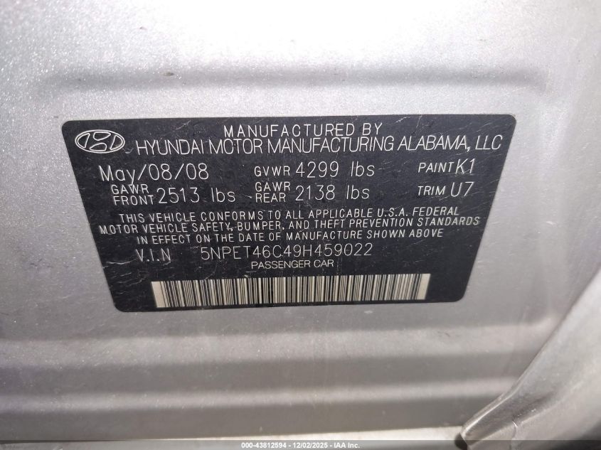 2009 Hyundai Sonata Gls VIN: 5NPET46C49H459022 Lot: 43812594