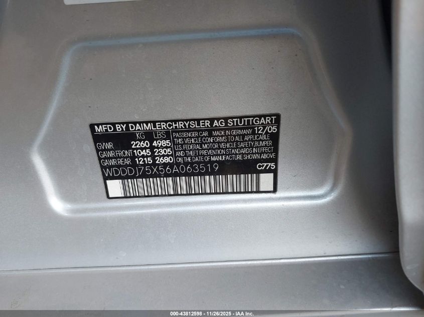2006 Mercedes-Benz Cls 500 VIN: WDDDJ75X56A063519 Lot: 43812598