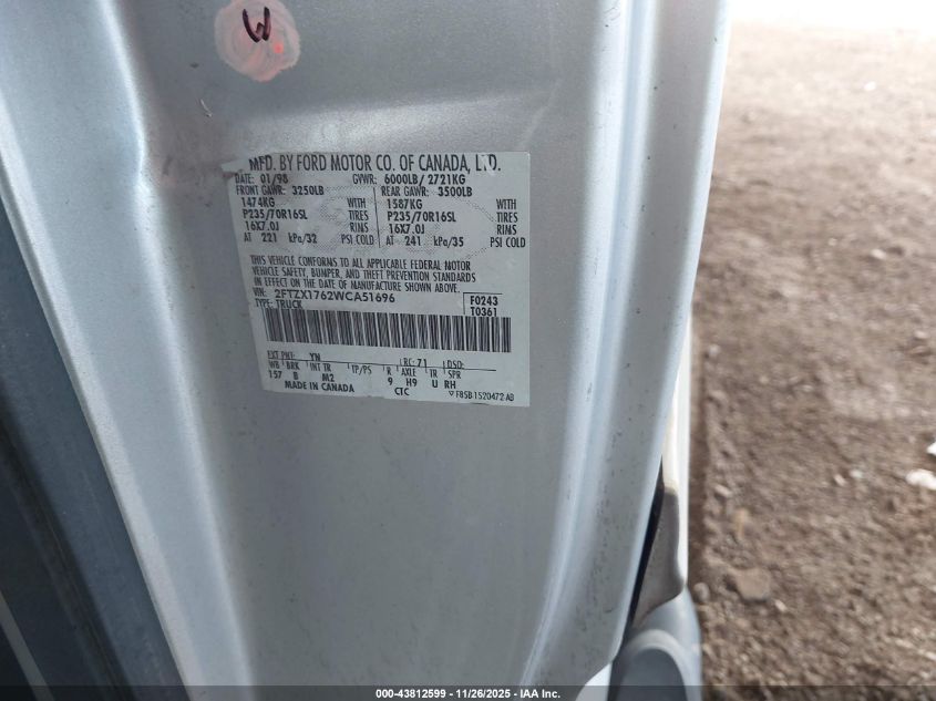 1998 Ford F-150 Lariat/Standard/Xl/Xlt VIN: 2FTZX1762WCA51696 Lot: 43812599