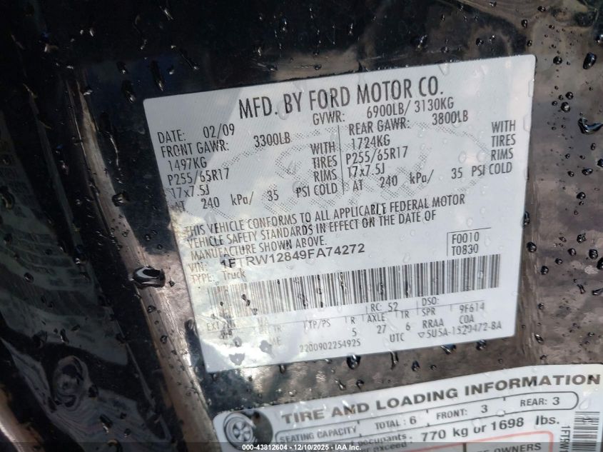 2009 Ford F-150 Xl/Xlt VIN: 1FTRW12849FA74272 Lot: 43812604