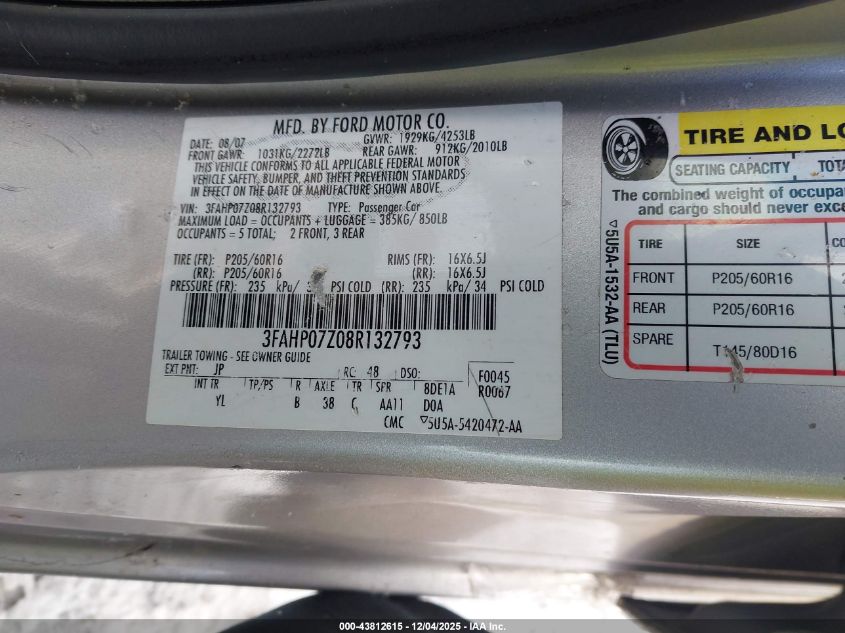 2008 Ford Fusion Se VIN: 3FAHP07Z08R132793 Lot: 43812615