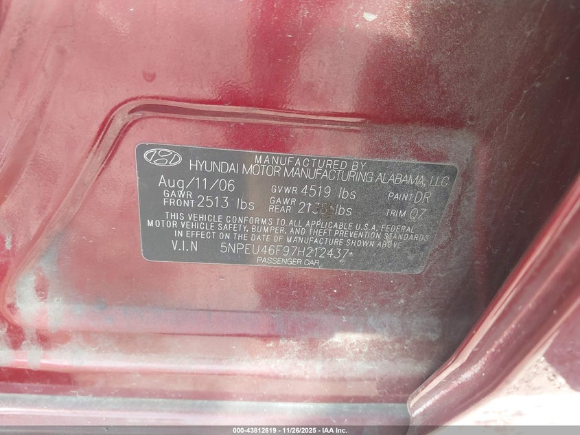 2007 Hyundai Sonata Limited/Se V6 VIN: 5NPEU46F97H212437 Lot: 43812619