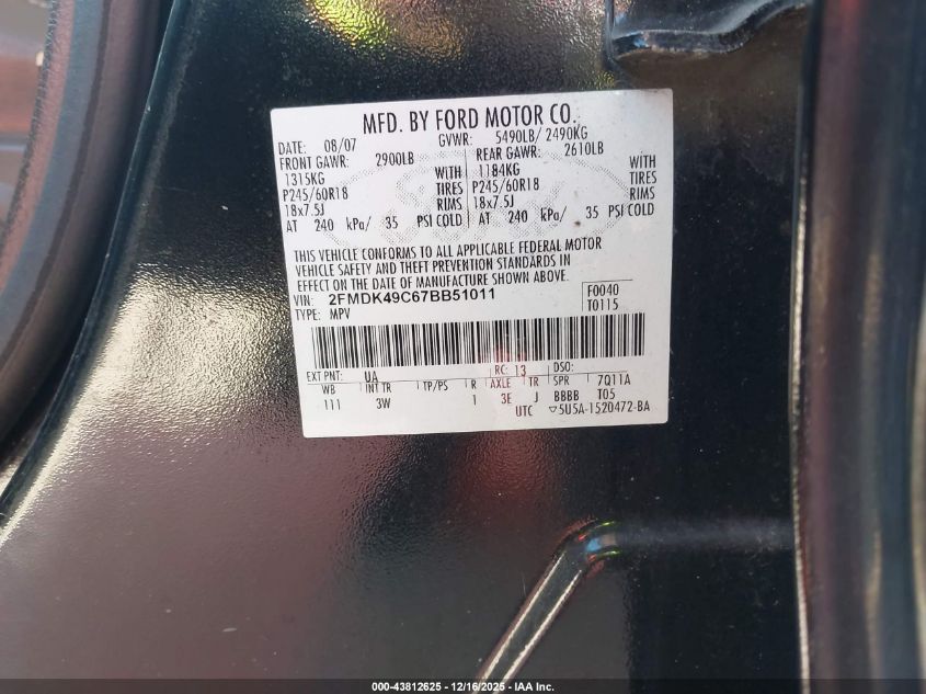 2007 Ford Edge Sel Plus VIN: 2FMDK49C67BB51011 Lot: 43812625