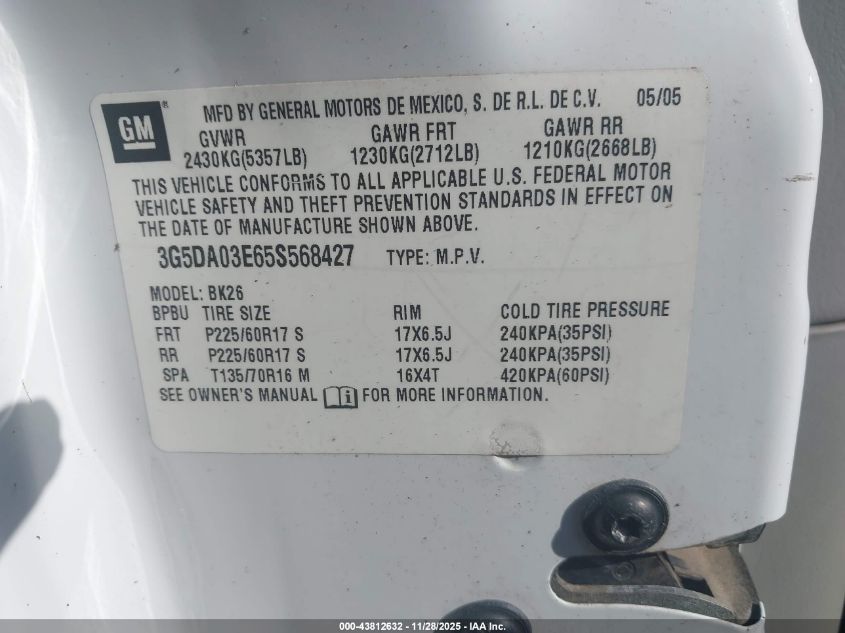 2005 Buick Rendezvous Cx VIN: 3G5DA03E65S568427 Lot: 43812632