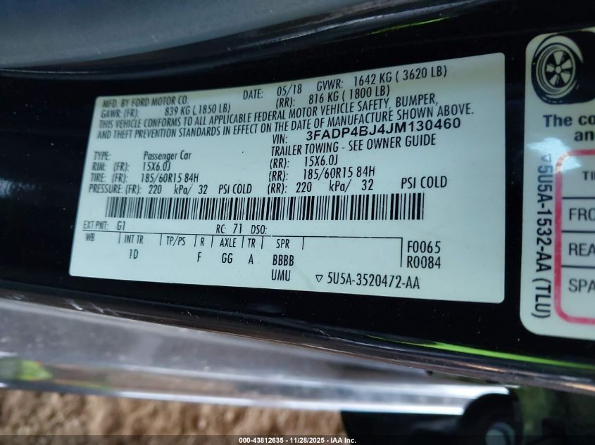 2018 Ford Fiesta Se VIN: 3FADP4BJ4JM130460 Lot: 43812635