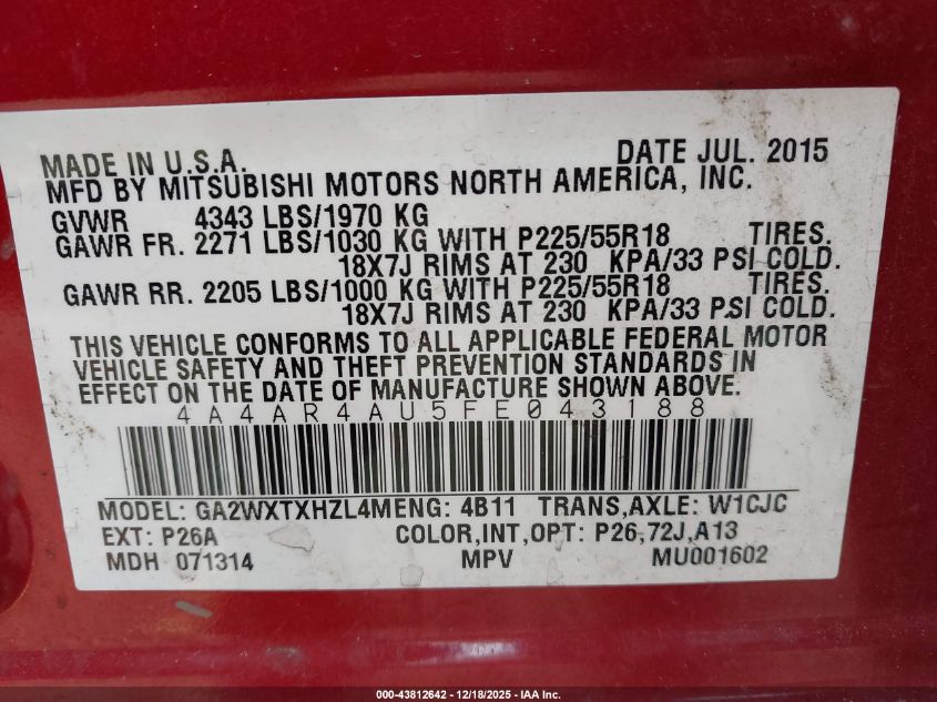 2015 Mitsubishi Outlander Sport Se VIN: 4A4AR4AU5FE043188 Lot: 43812642