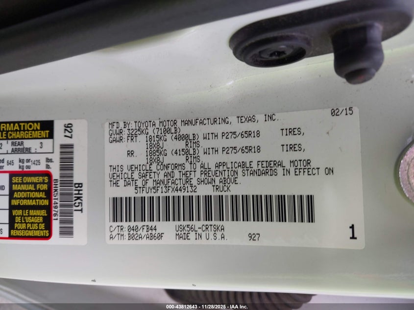 2015 Toyota Tundra Sr5 5.7L V8 VIN: 5TFUY5F13FX449132 Lot: 43812643