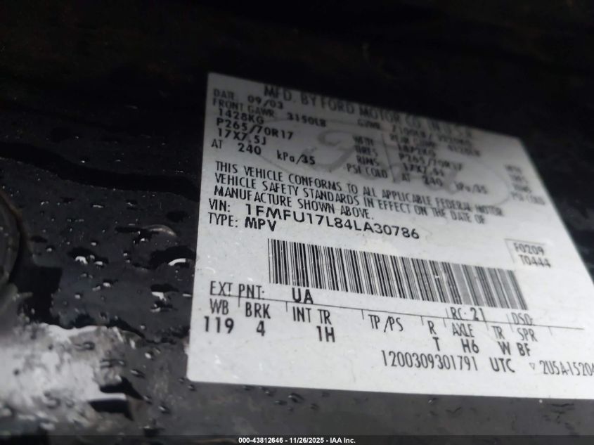 2004 Ford Expedition Eddie Bauer VIN: 1FMFU17L84LA30786 Lot: 43812646