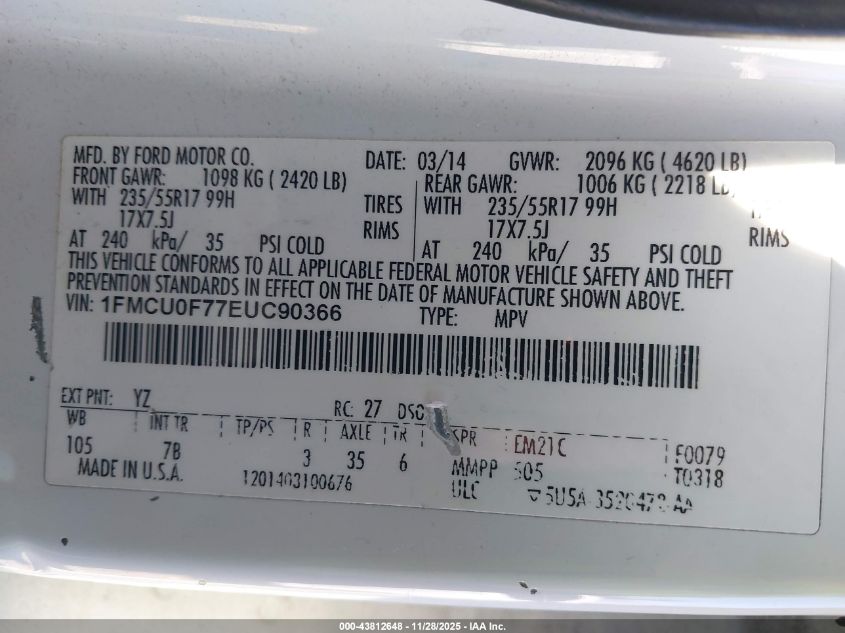 2014 Ford Escape S VIN: 1FMCU0F77EUC90366 Lot: 43812648