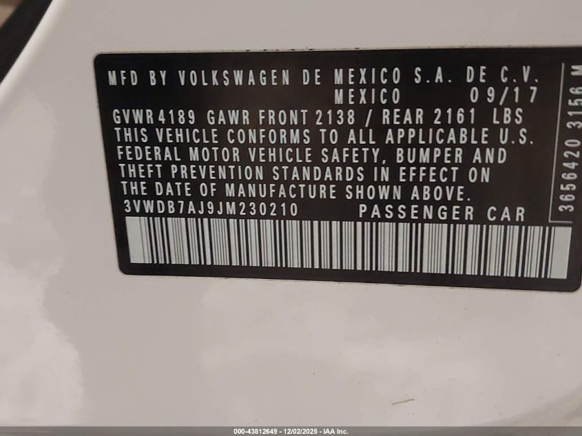 2018 Volkswagen Jetta 1.4T Se/1.4T Wolfsburg Edition VIN: 3VWDB7AJ9JM230210 Lot: 43812649