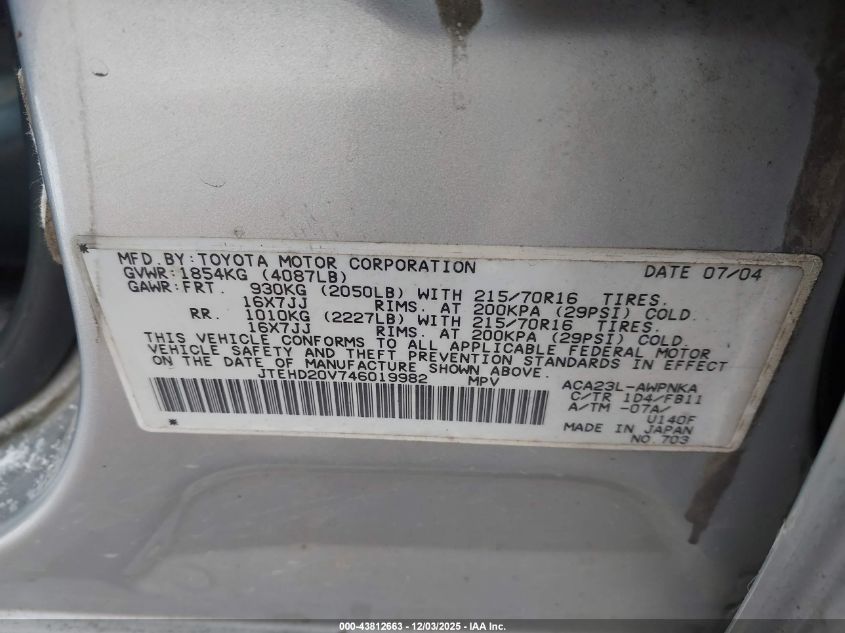 2004 Toyota Rav4 VIN: JTEHD20V746019982 Lot: 43812663