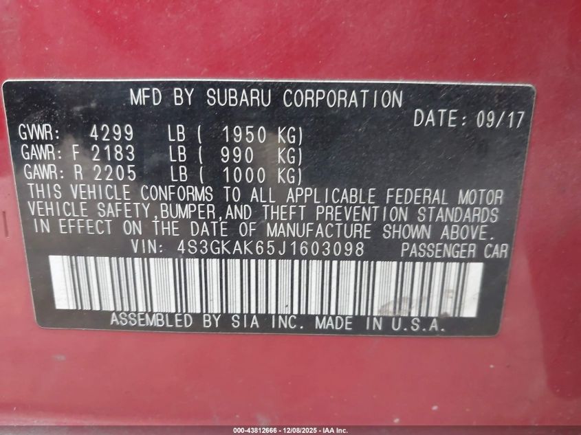 2018 Subaru Impreza 2.0I Sport VIN: 4S3GKAK65J1603098 Lot: 43812666