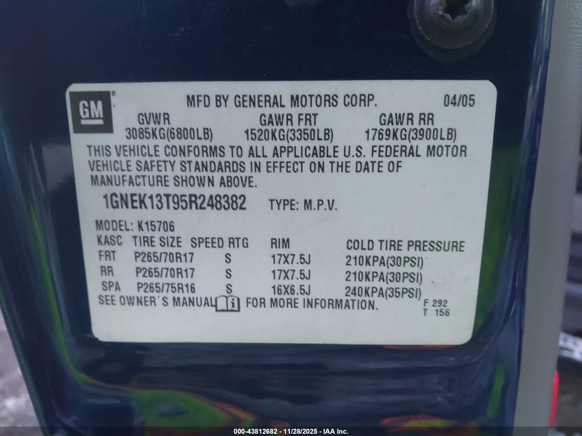 2005 Chevrolet Tahoe Z71 VIN: 1GNEK13T95R248382 Lot: 43812682