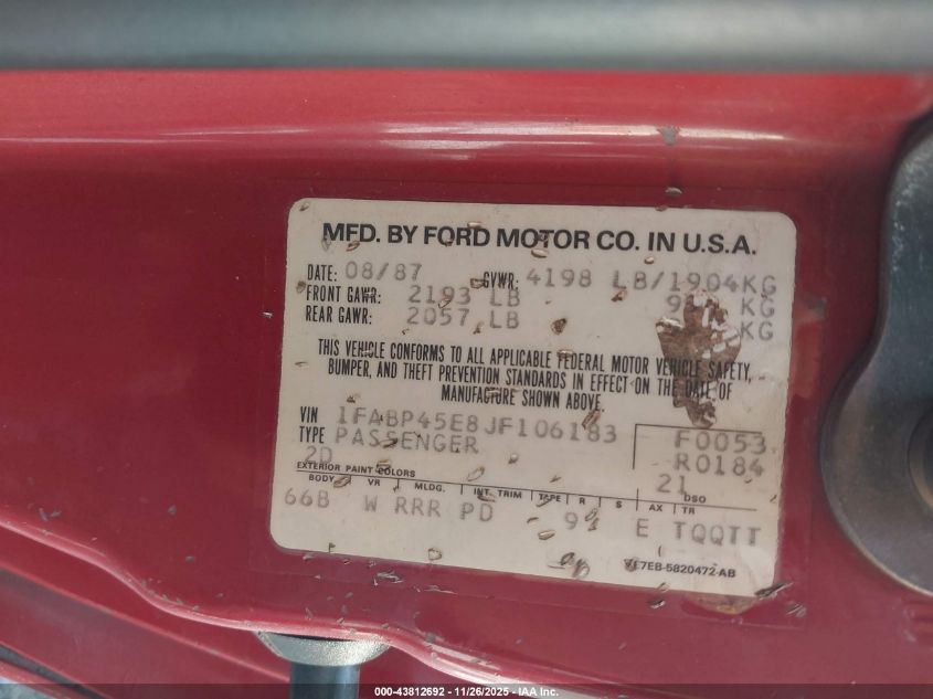 1988 Ford Mustang Gt VIN: 1FABP45E8JF106183 Lot: 43812692