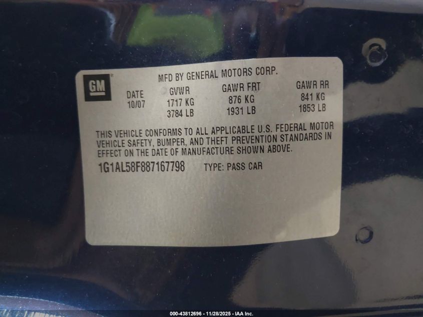 2008 Chevrolet Cobalt Lt VIN: 1G1AL58F887167798 Lot: 43812696