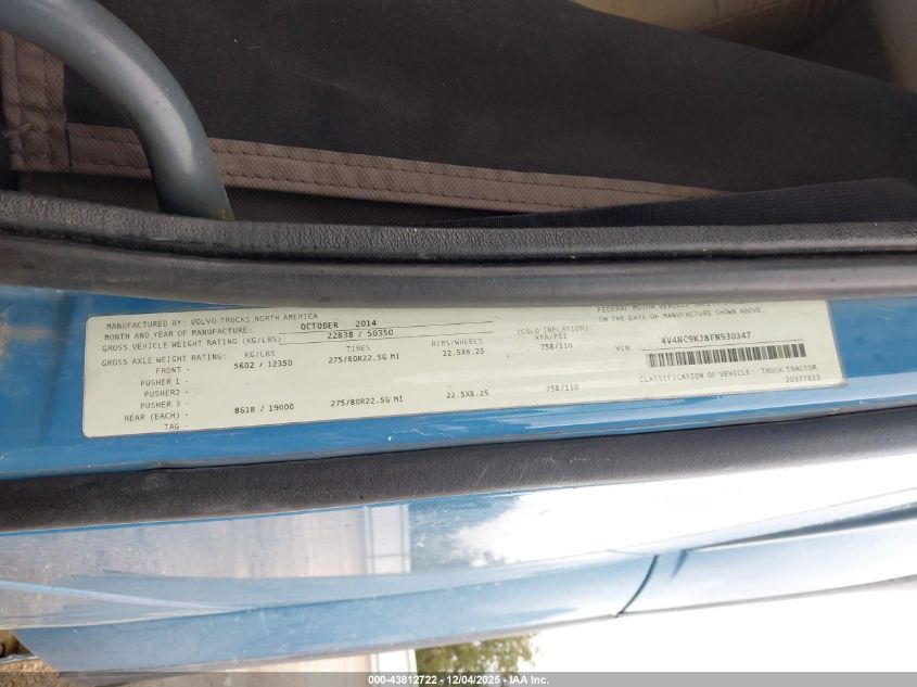 2015 Volvo Vn Vnl VIN: 4V4NC9KJ8FN930347 Lot: 43812722