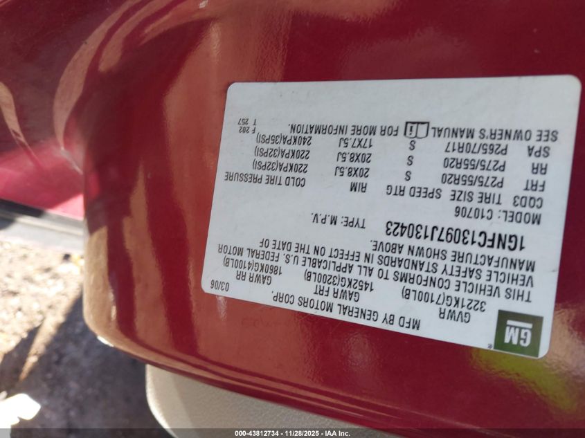 2007 Chevrolet Tahoe Ltz VIN: 1GNFC13097J130423 Lot: 43812734