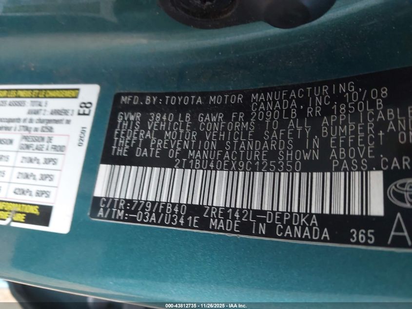 2009 Toyota Corolla Le VIN: 2T1BU40EX9C125350 Lot: 43812735