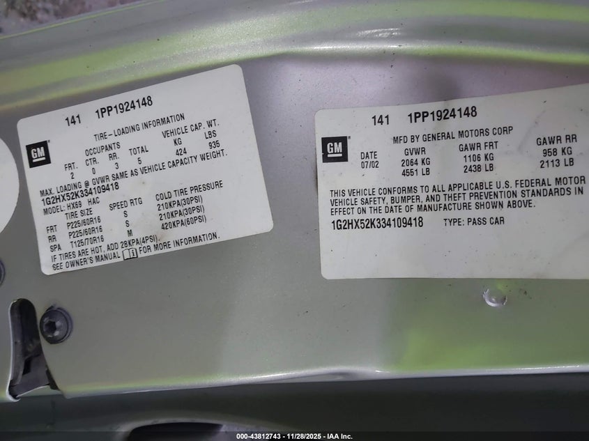 2003 Pontiac Bonneville Se VIN: 1G2HX52K334109418 Lot: 43812743