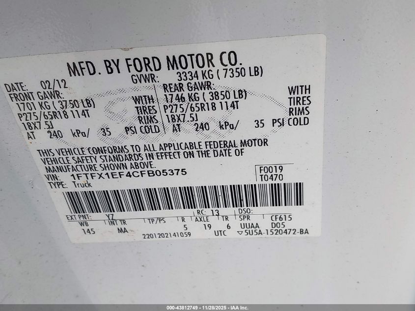 2012 Ford F-150 Xlt VIN: 1FTFX1EF4CFB05375 Lot: 43812749