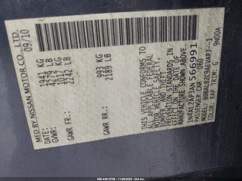 2010 Nissan Altima 2.5 S VIN: 1N4AL2AP3AN566991 Lot: 43812756