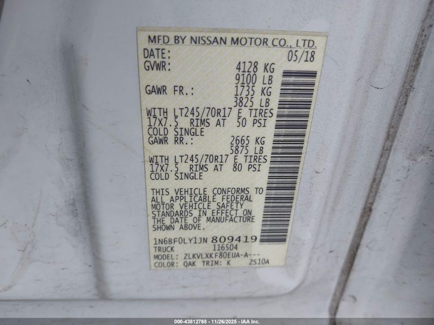 2018 Nissan Nv Cargo Nv2500 Hd Sv V6 VIN: 1N6BF0LY1JN809419 Lot: 43812768