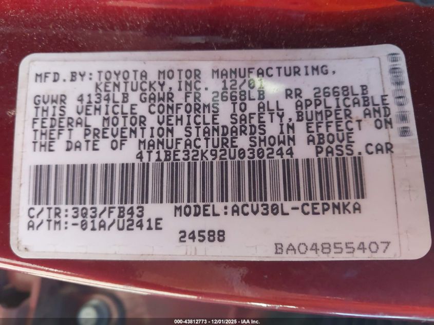 2002 Toyota Camry Le VIN: 4T1BE32K92U030244 Lot: 43812773