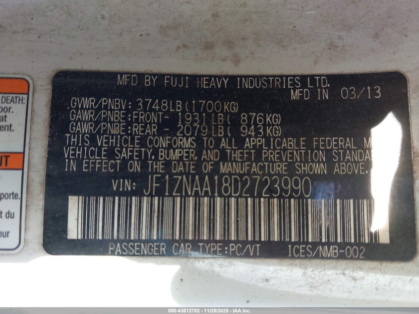 2013 Scion Fr-S VIN: JF1ZNAA18D2723990 Lot: 43812782