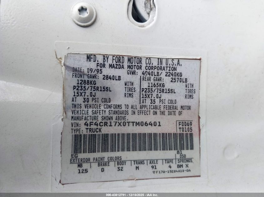1996 Mazda B4000 Cab Plus VIN: 4F4CR17X0TTM06401 Lot: 43812791