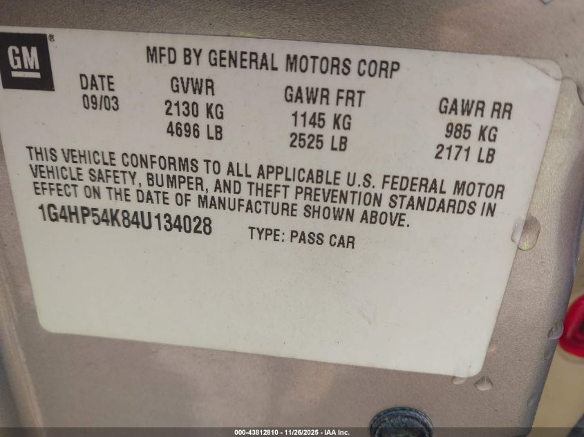 2004 Buick Lesabre Custom VIN: 1G4HP54K84U134028 Lot: 43812810